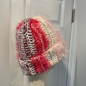 Handmade Crochet Chunky Ribbed Upcycled Multi Fiber Scrappy Yarn Beanie Hat D37